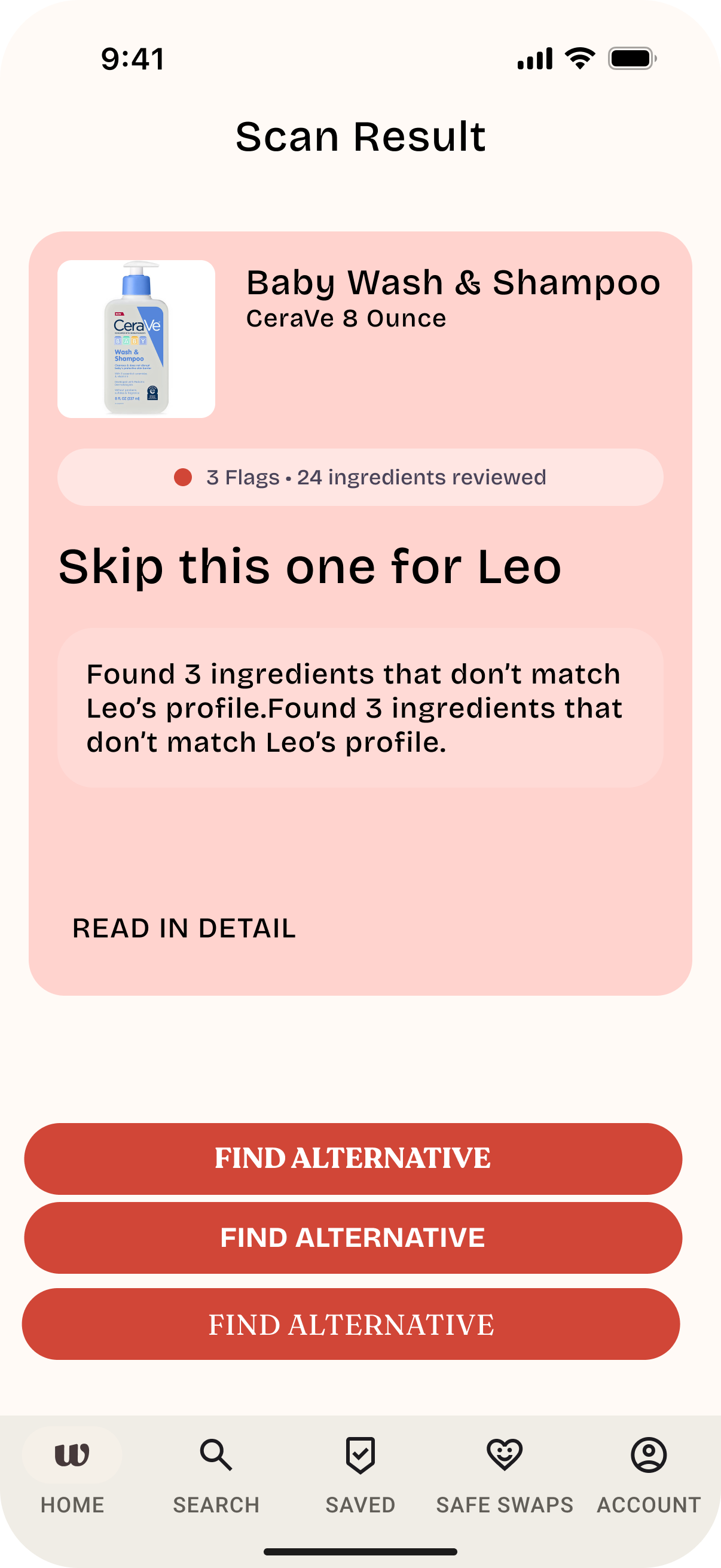 Product scan result: blocked — high-risk ingredients detected with alternative product suggestions