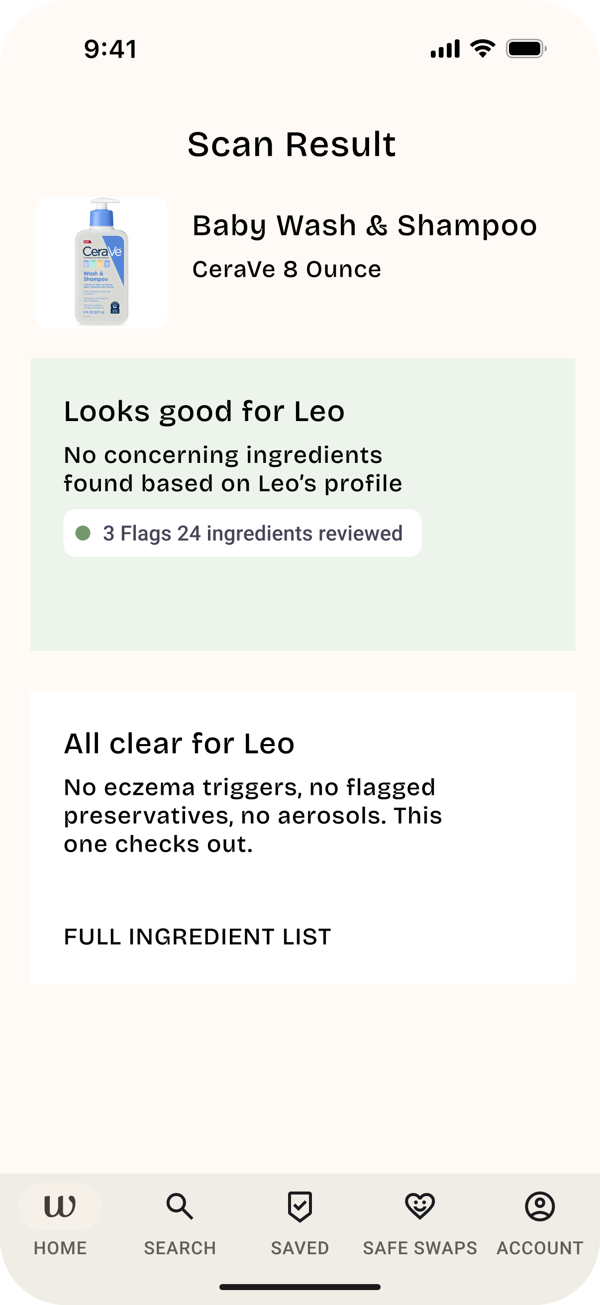 Welo scan result showing a safe product with green status and ingredient breakdown