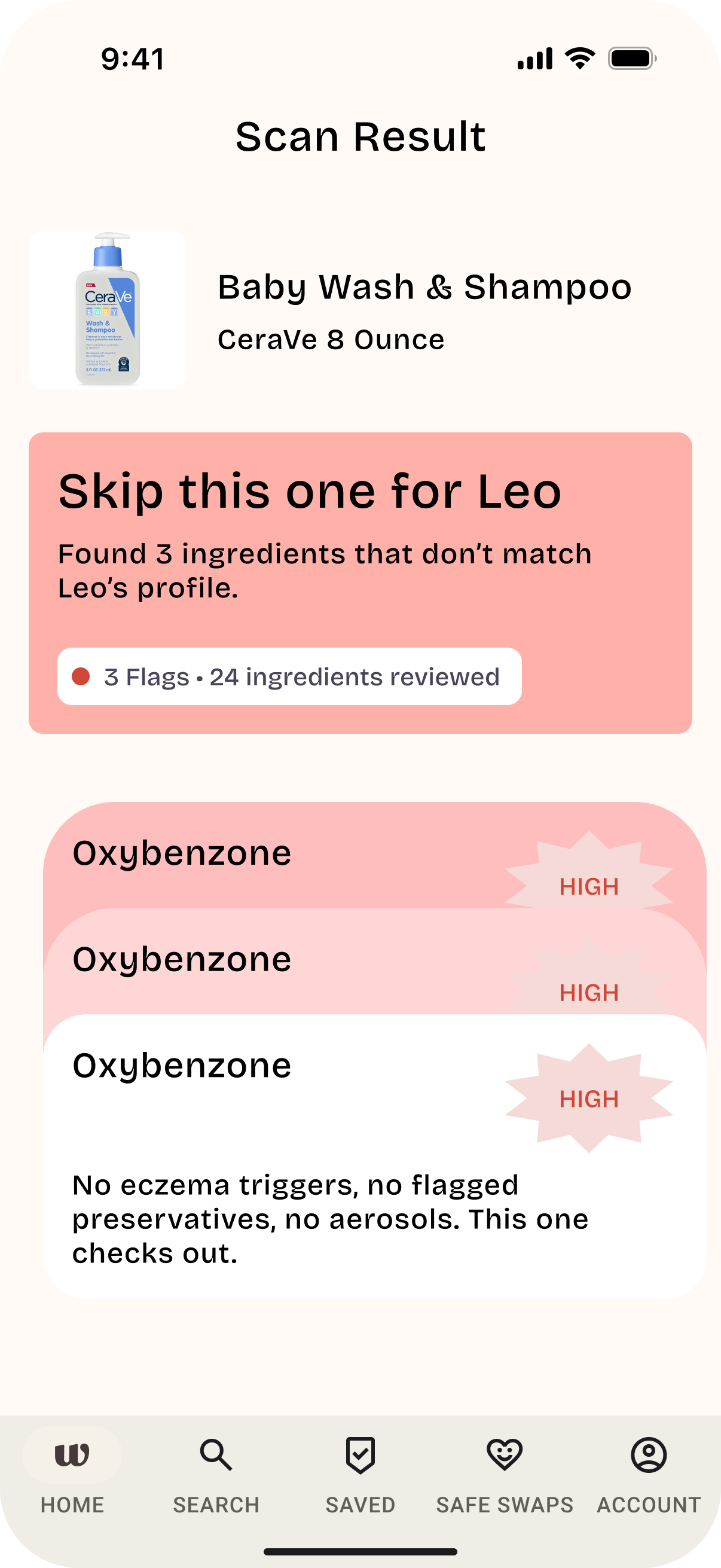 Welo safety result showing flagged ingredients with detailed risk explanations and safer alternative suggestions